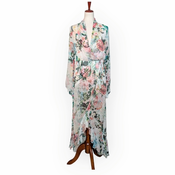 ROCOCO SAND Crinkle Chiffon Long Sleeve Faux Wrap Floral Ruffle Dress Size Small - Picture 1 of 8